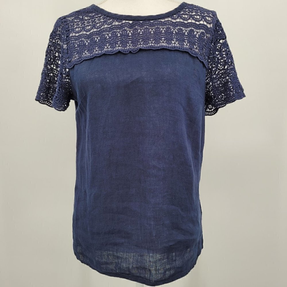 J. Crew Navy Linen Crochet Lace Shoulder Top